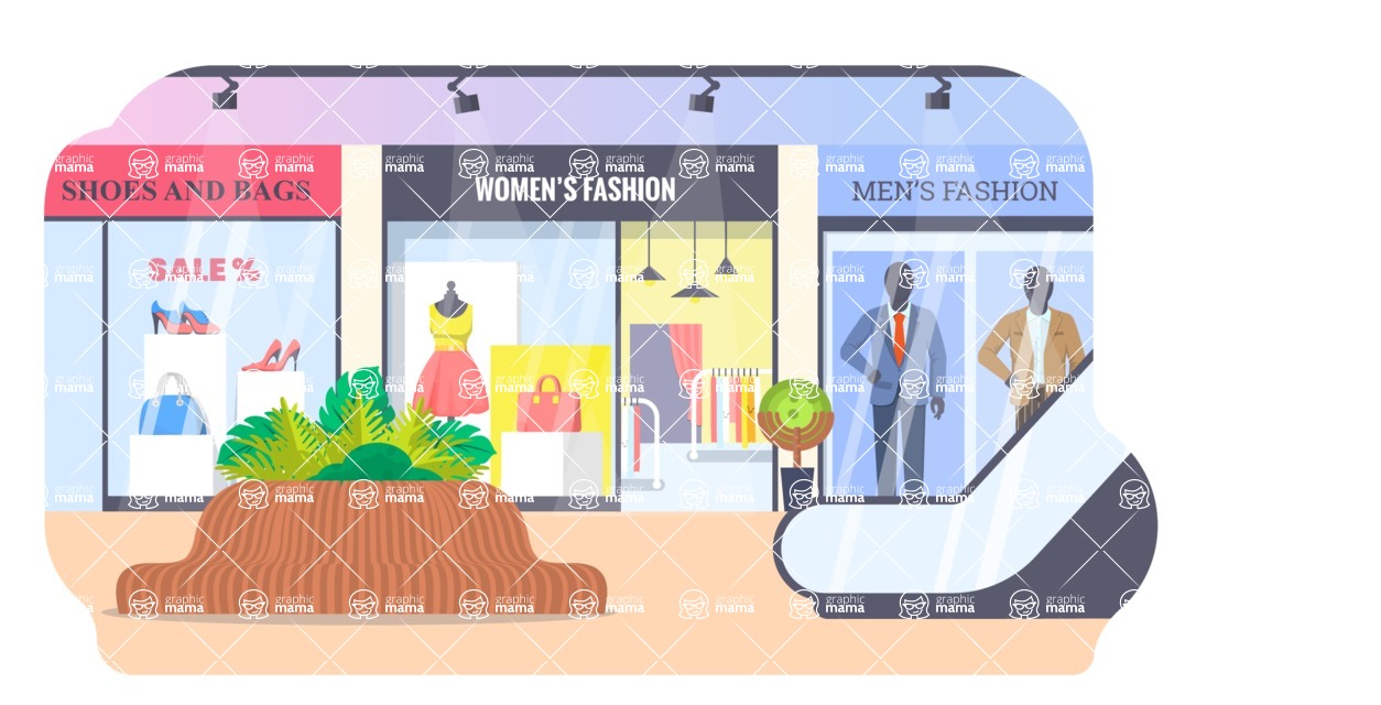 Vector Landscape Mega Bundle - Shopping Center Interior with Shops Vector Background Illustration